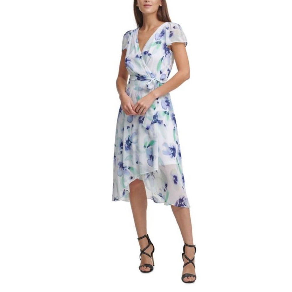DKNY Floral Midi Dress Flutter Sleeves Womens Small Faux Wrap Romantic Whimsical